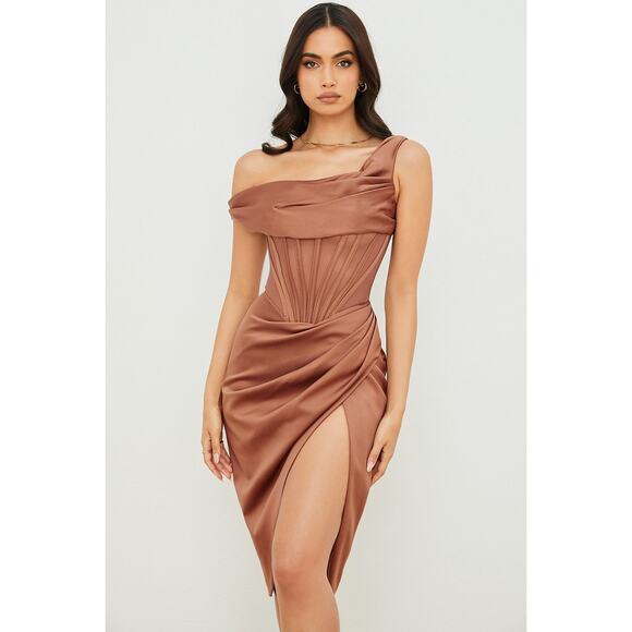 House of CB Lulu Toffee Asymmetric Drape Midi Corset Dress Size L+ Large Plus - Picture 2 of 10